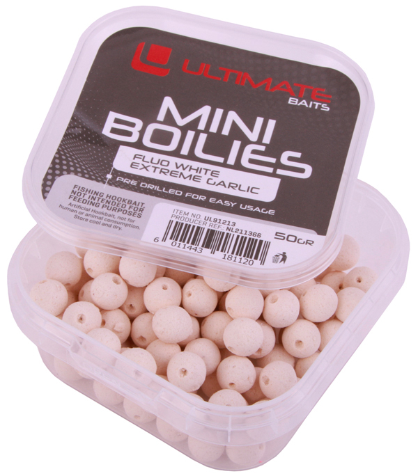 Ultimate Coarse Box, con molti materiali per il pescatore di coregoni! - Mini boilies preforate Ultimate Baits, Fluo White Extreme Garlic